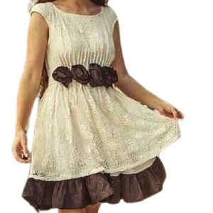 RYU ivory lace brown rosette layered ruffle sleeveless swing dress Sz M new